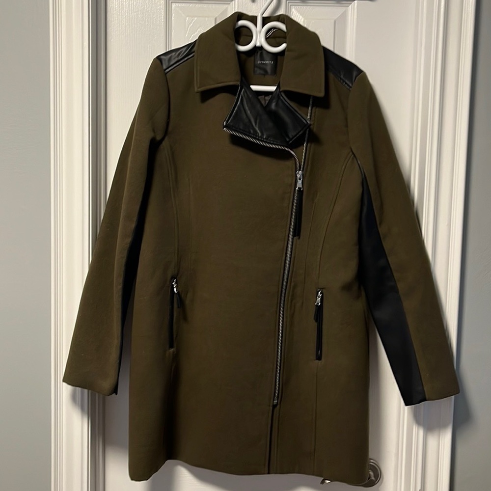 Dynamite Green Military-style coat with faux leather lapel and detail | Large